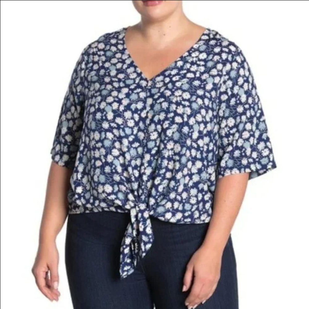 Madewell Blue Pink Floral Short Sleeves Tie Front Top Blouse Plus Size 3X